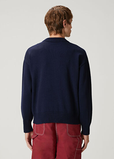 Ami Paris Navy Blue Logo Jacquard Wool Sweater - 4