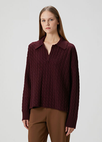 Ami Paris Bordo Saç Örgü Yün Polo Triko - 3