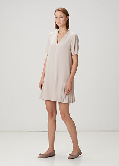 Beymen Club Açık Bej Plise Detaylı Mini Krep Elbise - 3