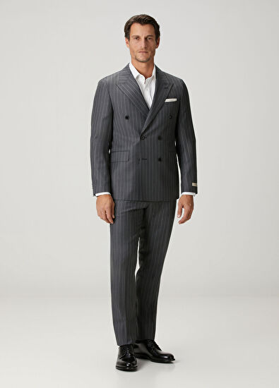 Drop 7 Gri Çizgi Desenli Yün Kruvaze Takım Elbise - Görsel 4