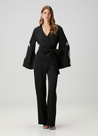 ZEYNEP ERDOGAN Siyah İşlemeli Kruvaze Uzun Kollu Kadın Tulum - 3