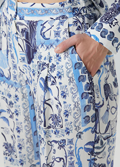 Beymen Collection Navy Blue White Patterned Silk Trousers - 5