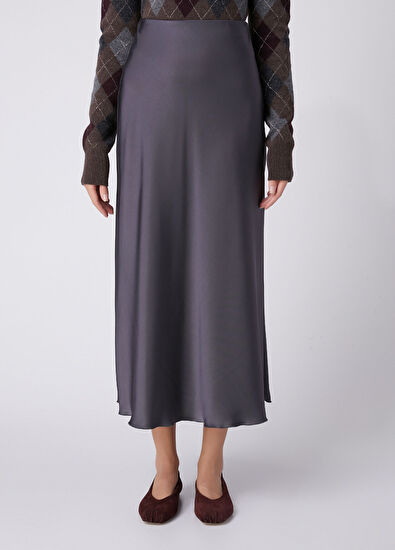 Beymen Club Dark Grey A-line Long Satin Skirt - 3