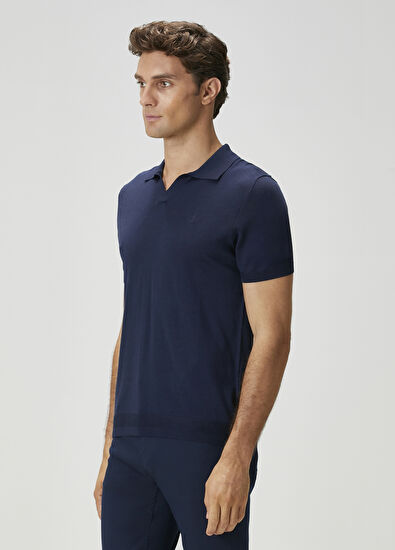 Beymen Club Navy Blue Short Sleeve Silk Polo Sweater - 5