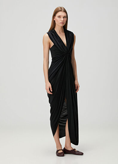 Siyah Drapeli Midi Elbise - Görsel 4