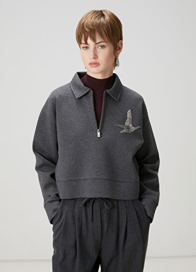 Beymen Club Koyu Gri Fermuarlı Polo Sweatshirt - 3