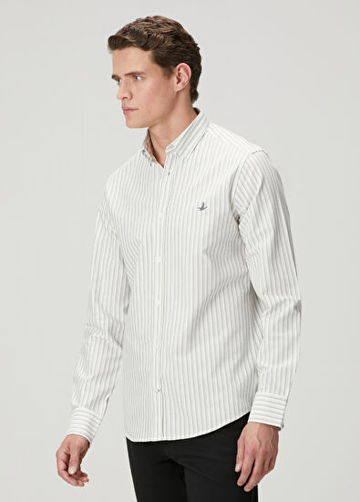 Beymen Club Comfort Fit Beyaz Gri Çizgi Desenli Oxford Gömlek - 4