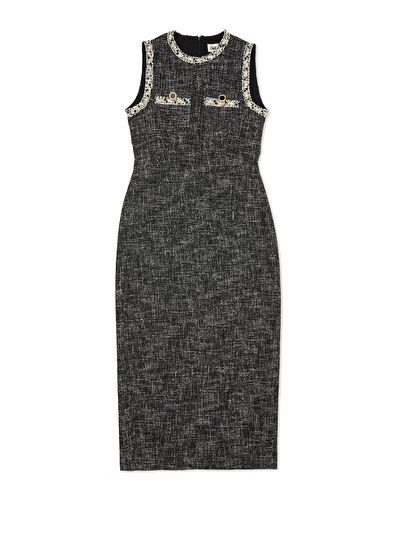 Beymen Club Siyah Beyaz Midi Tweed Elbise - 7