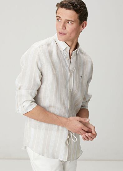Beymen Club Light Khaki Striped Comfort Fit Linen Shirt - 4
