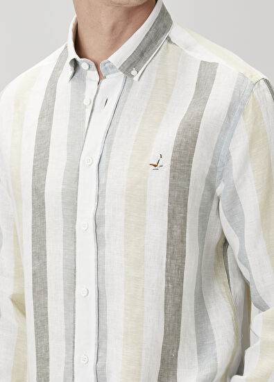 Beymen Club Comfort Fit Yeşil Çizgi Desenli Keten Gömlek - 6