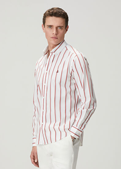 Beymen Club Comfort Fit Beyaz Bordo Çizgi Desenli Keten Gömlek - 5