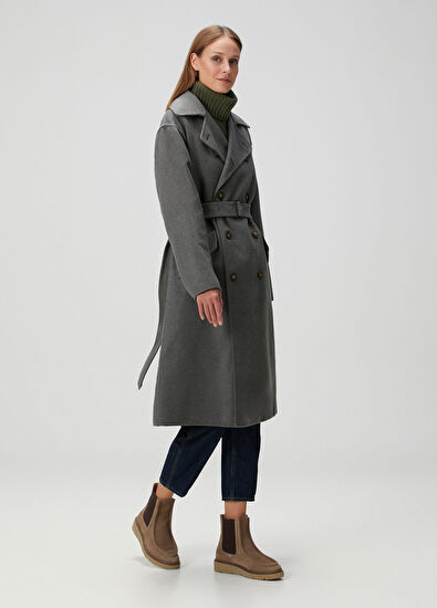 Gri Kruvaze Kaşmir Palto - Görsel 4