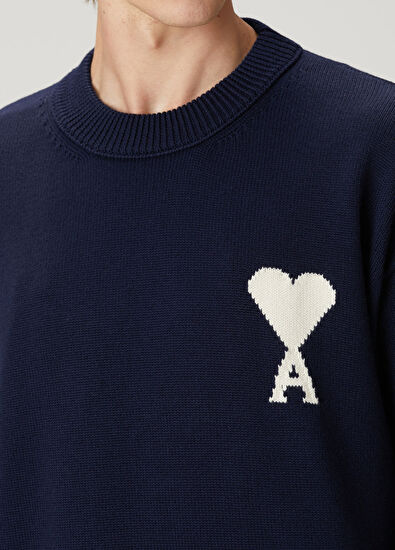 Ami Paris Navy Blue Logo Jacquard Wool Sweater - 5