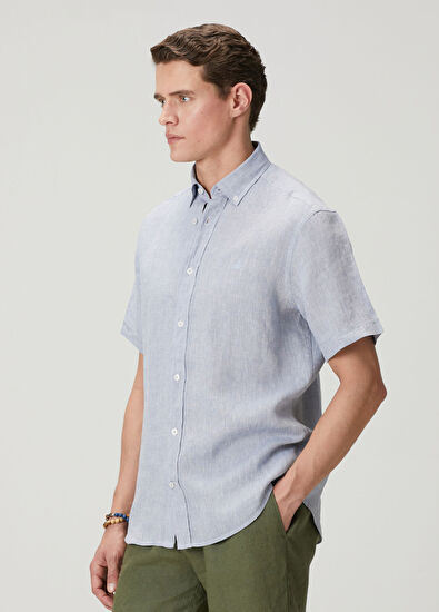 Beymen Club Light Blue Comfort Fit Short Sleeve Linen Shirt - 5