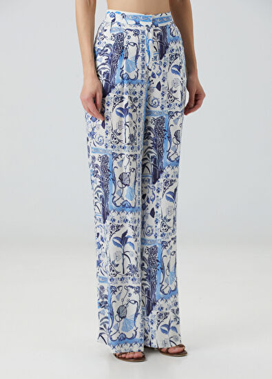 Beymen Collection Navy Blue White Patterned Silk Trousers - 3