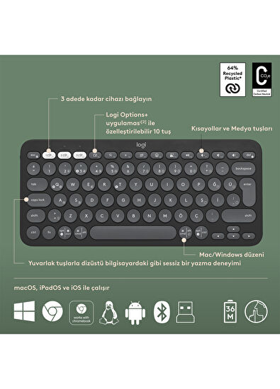 Logitech Pebble 2 Combo Çoklu Sessiz Grafit Kablosuz Türkçe Q Klavye Mouse Seti - 6
