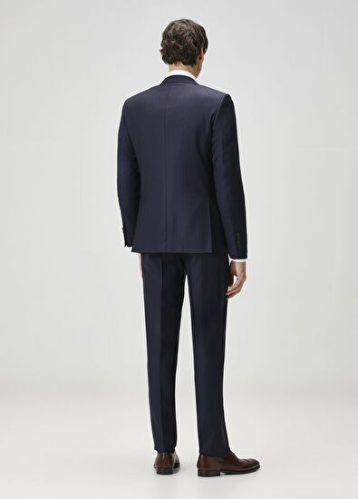 Lacivert Çizgi Desenli Yün Takım Elbise - Görsel 6