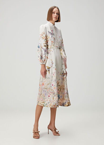 Rebellion Krem Desenli Midi Keten Elbise - Görsel 4