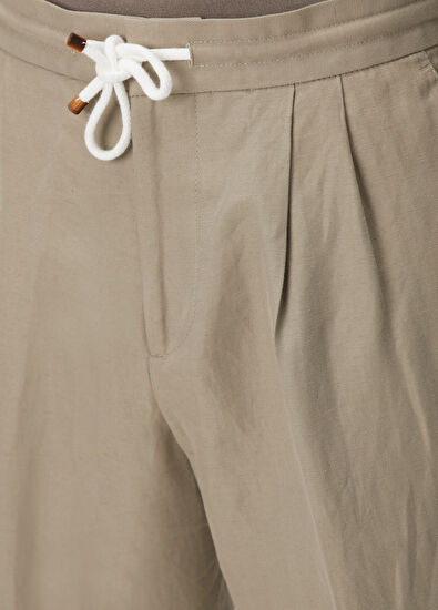 Brunello Cucinelli Haki Beli Kordonlu Çift Pilili Keten Pantolon - 4