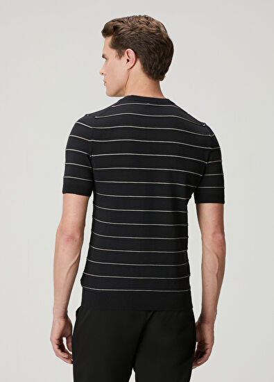 Beymen Club Siyah Kabartmalı Çizgi Dokulu Kısa Kollu Triko - 5