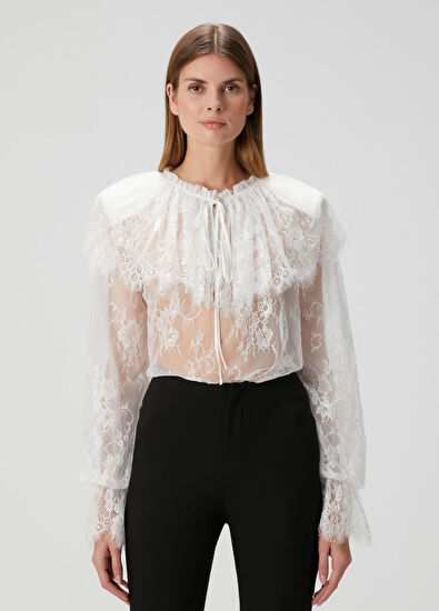Melis Kaptanoglu White Lace Long Sleeve Women's Blouse - 3