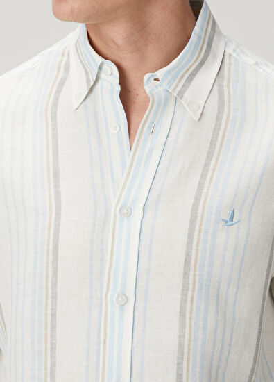 Beymen Club Comfort Fit Blue White Striped Patterned Linen Shi - 6