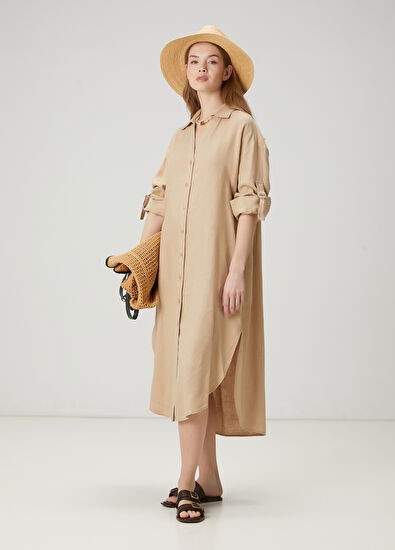 Beymen Club Beige Midi Linen Shirt Dress - 5