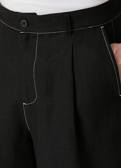 Beymen Club Siyah Beyaz Dikişli Keten Şort - 4