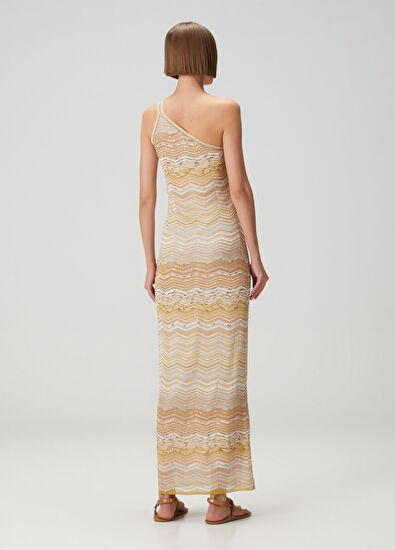 Gold Bej Tek Omuzlu Payetli Maksi Elbise - Görsel 5