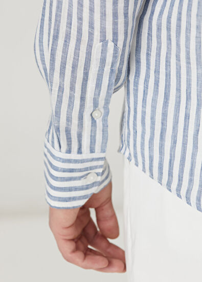 Beymen Club Comfort Fit Navy Blue White Striped Linen Shirt - 7