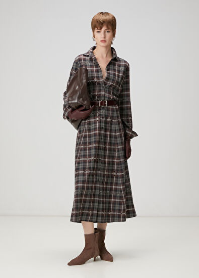 Beymen Club Gri Ekose Desenli Midi Elbise - 5