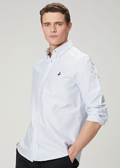 Beymen Club Comfort Fit Blue White Stripe Patterned Oxford Shi - 5