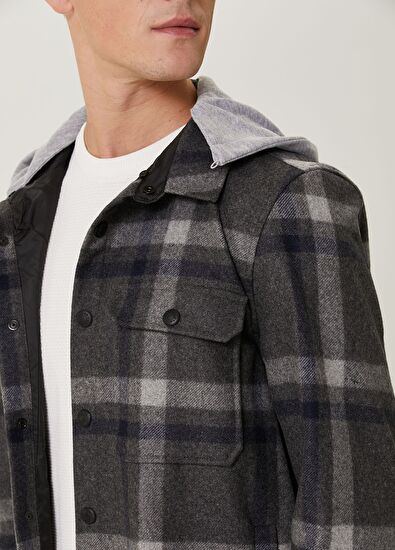 Beymen Club Koyu Gri Kapüşonlu Ekoseli Yün Flannel Dış Gömlek - 6