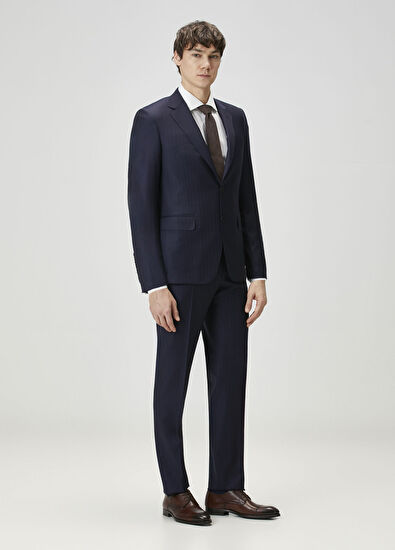 Lacivert Çizgi Desenli Yün Takım Elbise - Görsel 5