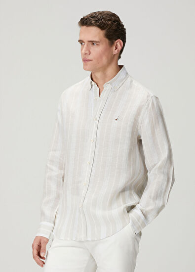 Beymen Club Light Khaki Striped Comfort Fit Linen Shirt - 5