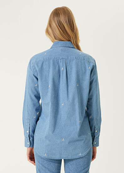 Beymen Club Mavi Serpme Kuş Nakışlı Denim Gömlek - 6
