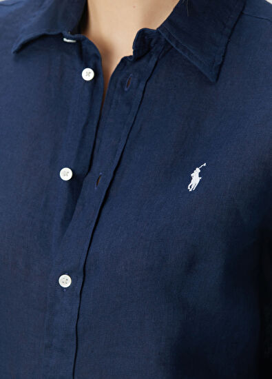 Mavi Logo Nakışlı Keten Gömlek - Görsel 6