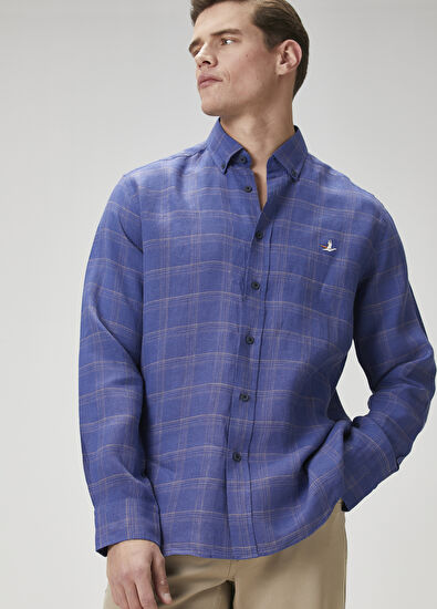 Beymen Club Comfort Fit Lacivert Ekose Desenli Keten Gömlek - 5