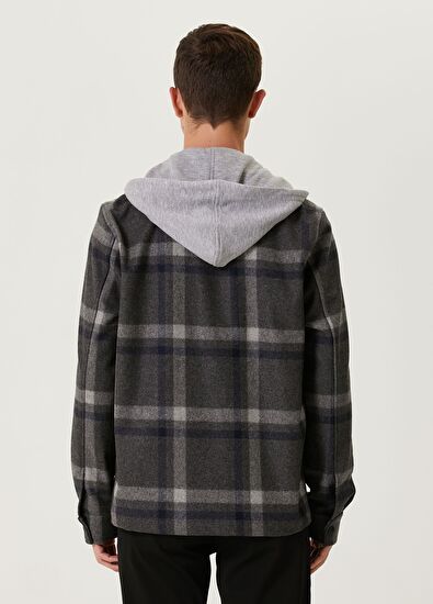 Beymen Club Koyu Gri Kapüşonlu Ekoseli Yün Flannel Dış Gömlek - 5