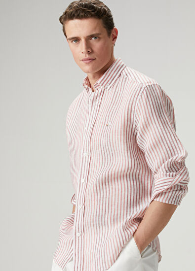 Beymen Club Comfort Fit White Burgundy Striped Linen Shirt - 4