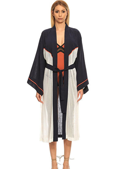 Women&Women Keops Kontrast Biye Detaylı Keten Karışımlı Laciver Kadın Kimono - 4