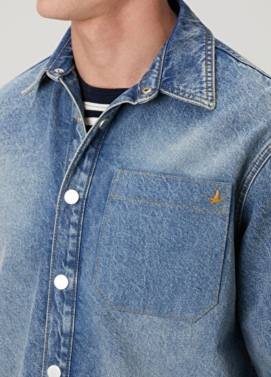 Beymen Club Mavi Oversize Fit Tek Cepli Jean Gömlek - 6