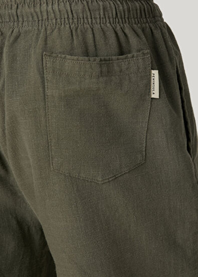 Peninsula Puglia Haki Beli Kordonlu Keten Bermuda - 5