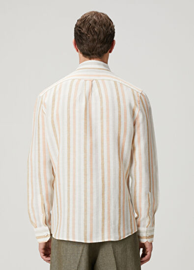 Beymen Club Comfort Fit Beyaz Somon Çizgi Desenli Keten Gömlek - 5