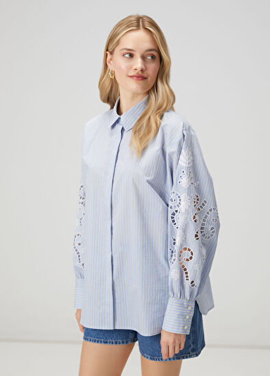 Beymen Club Mavi Çizgili Nakışlı Gömlek - 3