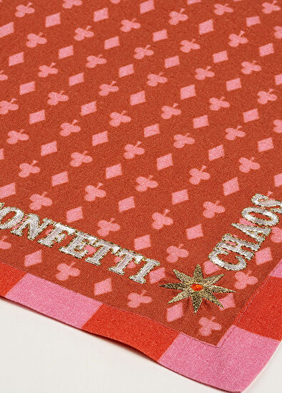 Zsa Zsa Zsu Nilüfer Digital Printed Embroidered Ecru Red Cotton 2-Piece Napkin Set - 5