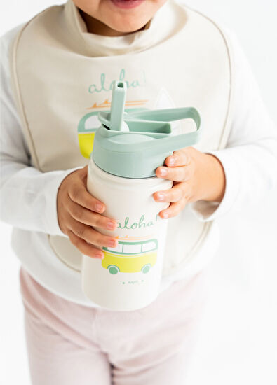 Saro Kedi Figürlü Yeşil Paslanmaz Çelik Pipetli Termos Suluk 350 ml - 5