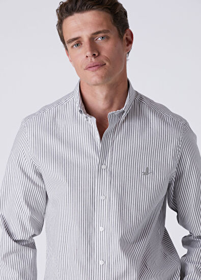 Beymen Club Comfort Fit Khaki White Striped Oxford Shirt - 5