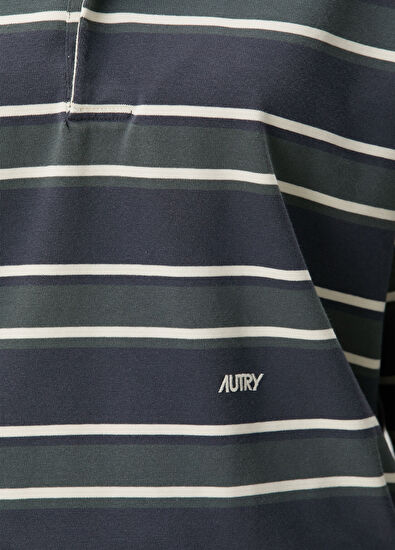 Autry Navy Blue Green Striped Polo Sweatshirt - 5