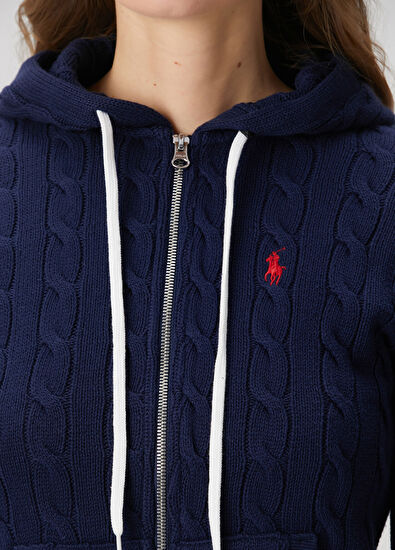 Lacivert Kapüşonlu Saç Örgü Hırka - Görsel 6